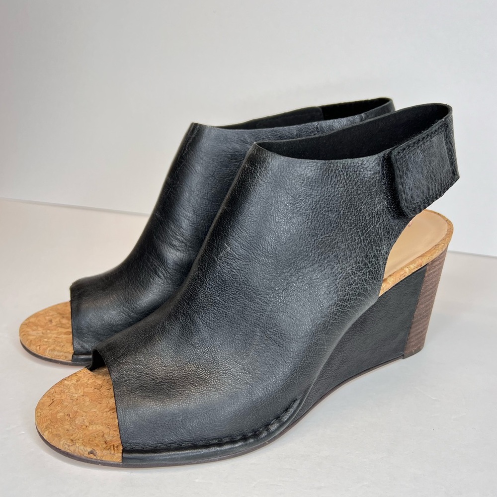 Clarks Spiced Meadow Blk Leather Wedge Open Toe Sandals Comfort Fit Sz 10 As New
